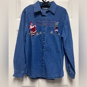 Vintage Christmas Victoria Jones Embroidered Denim Button Up Shirt Size M